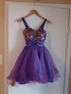 Girls Purple Sequin Tulle Party Dress with Satin Waist Bow